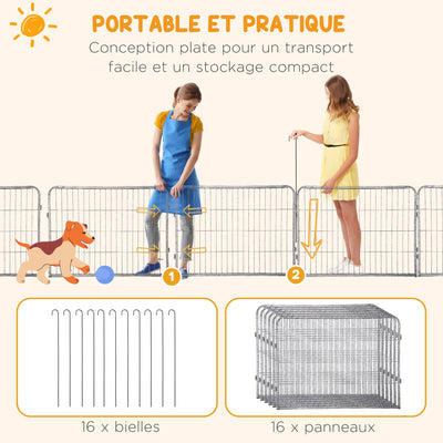 PawHut Parc Chien 16 Panneaux Modulable Acier 60 cm