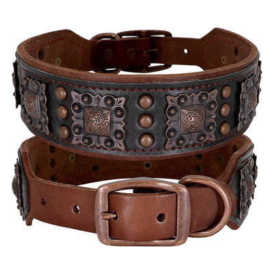 Collier Cuir Large Conchos Bronze Pitbull Bouledogue