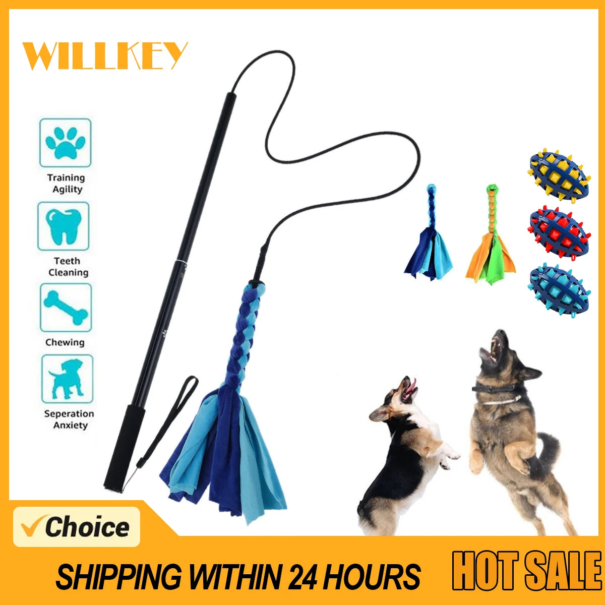 Flirt Pole Télescopique pour Chien avec Lanières en Tissu
