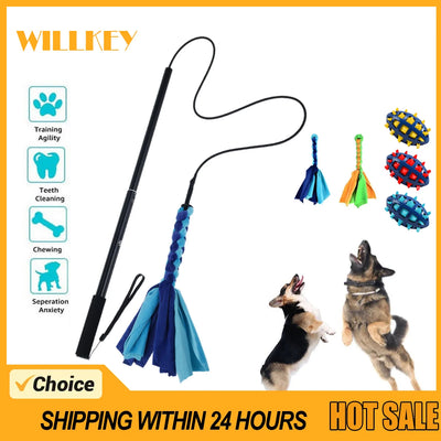 Flirt Pole Télescopique pour Chien avec Lanières en Tissu