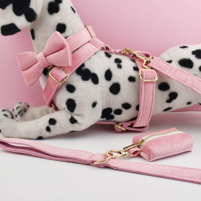Collier et Laisse Velours Rose Harnais Assorti Chien