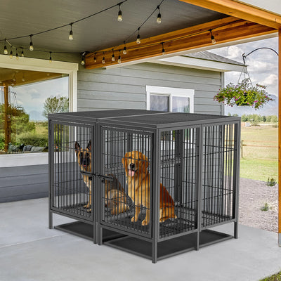 Cage Chien Métal Renforcée 2 Compartiments Double Porte Noire