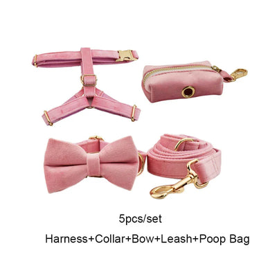 Collier et Laisse Velours Rose Harnais Assorti Chien