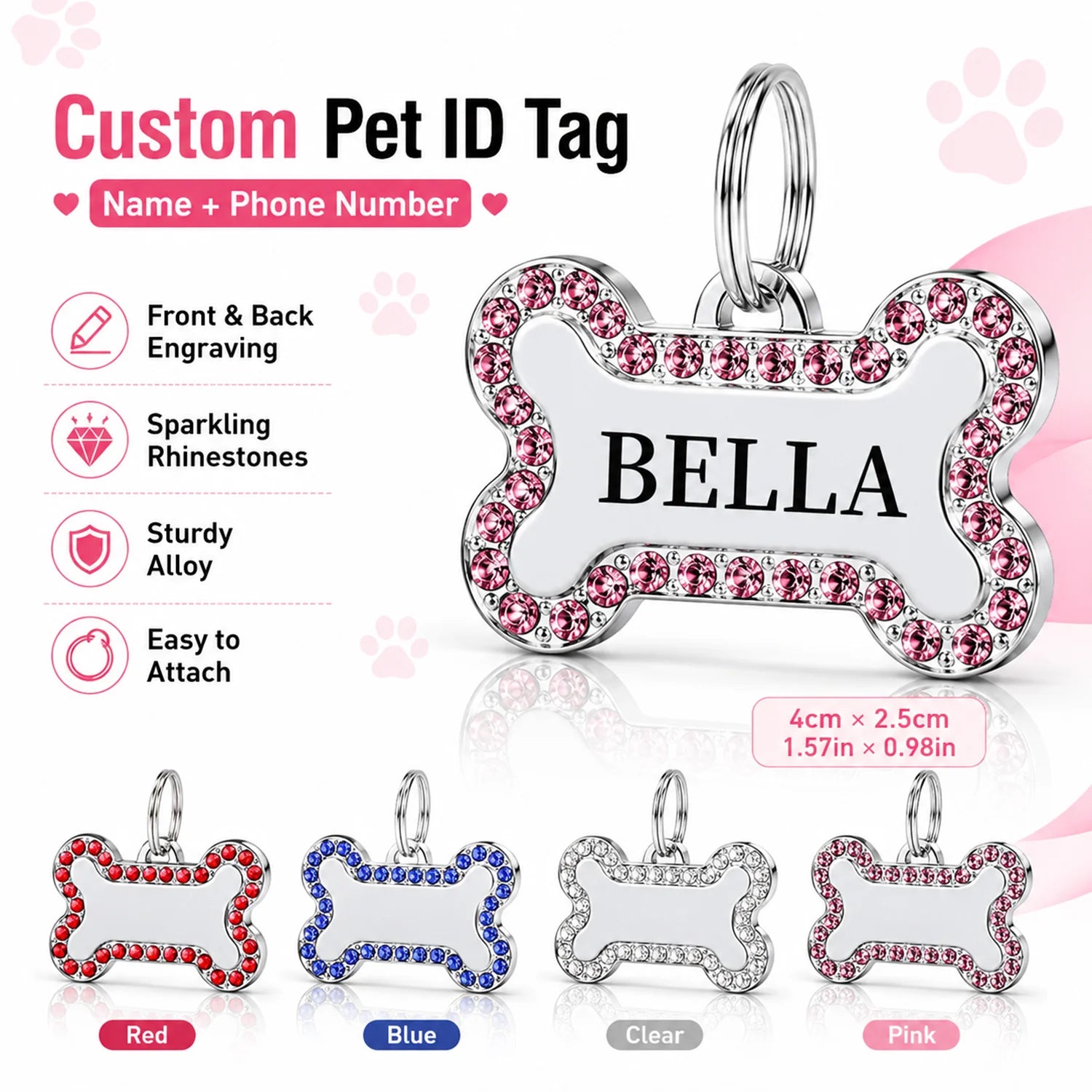Médaille Gravée en Os Strass Double Face pour Chien