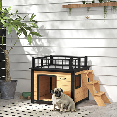 Niche Chien Bois PawHut Toit-Terrasse et Marches 121x77x78 cm