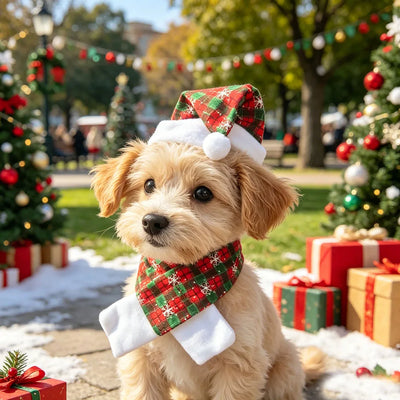 Chapeau de Noël à Pompon et Tour de Cou pour Chien