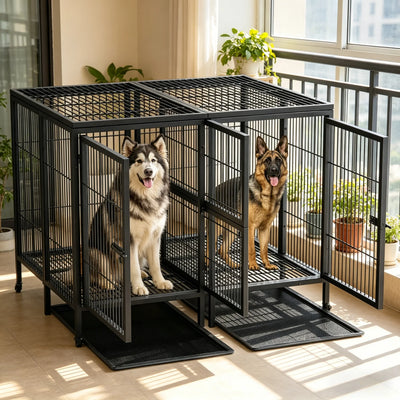 Cage Chien Métal Renforcée 2 Compartiments Double Porte Noire