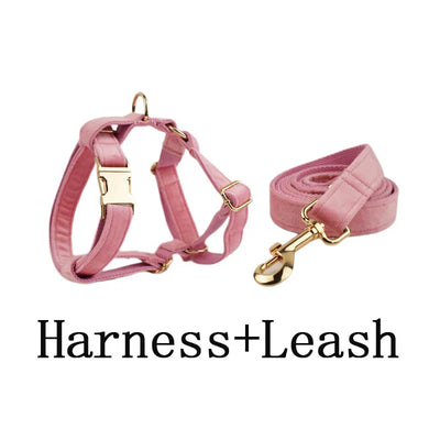 Collier et Laisse Velours Rose Harnais Assorti Chien