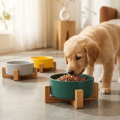 Gamelle Surélevée Chien Céramique Support Bois Six Coloris