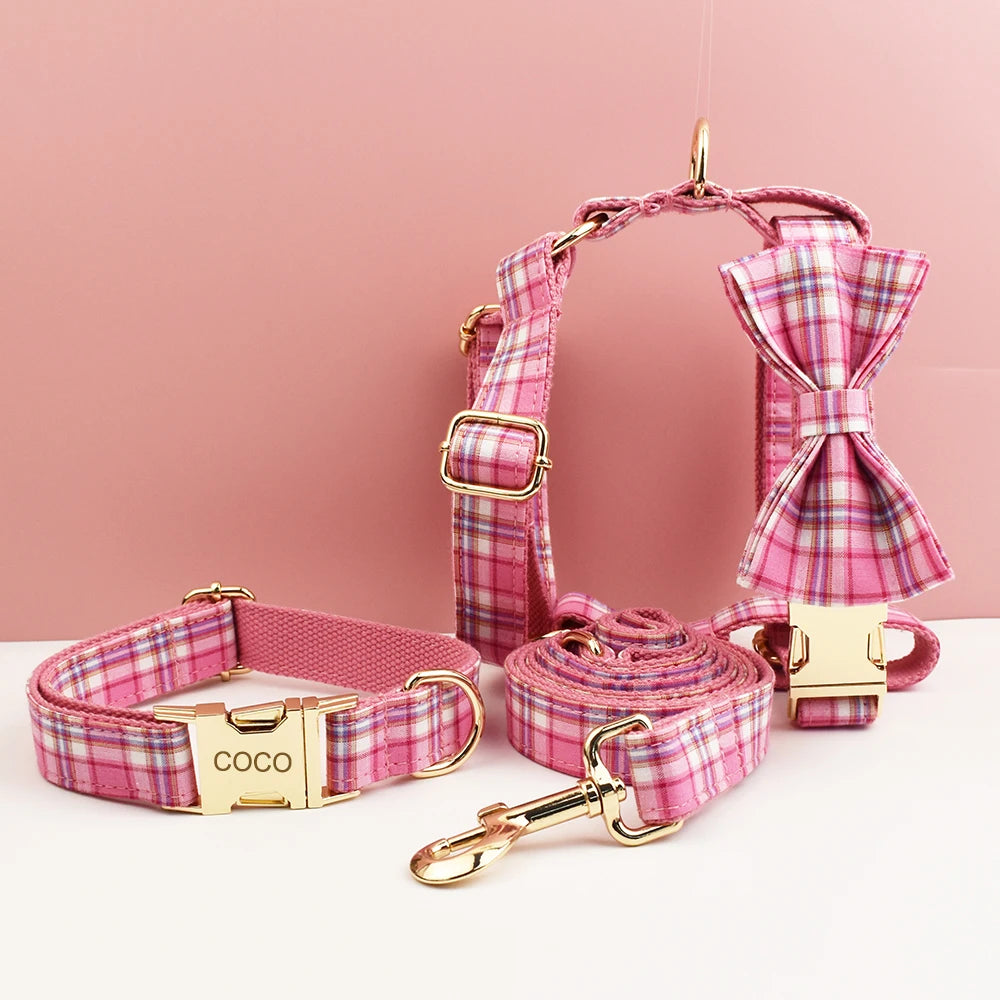 Ensemble Collier Harnais Laisse Carreaux Gravé Chien