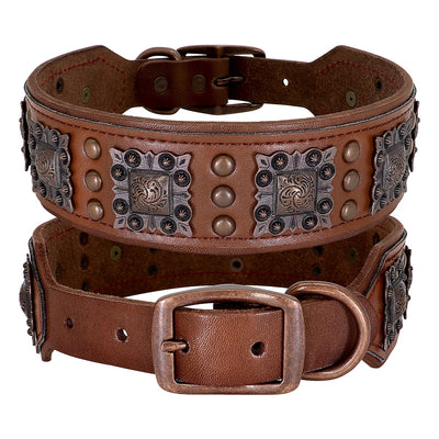 Collier Cuir Large Conchos Bronze Pitbull Bouledogue