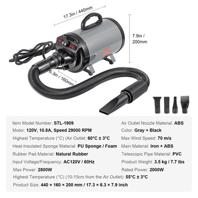 Souffleur pour Chien 2000W Toilettage 4 Buses SucceBuy
