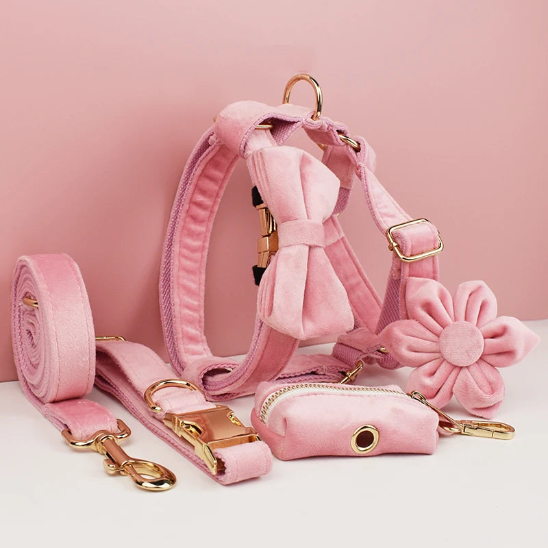Collier et Laisse Velours Rose Harnais Assorti Chien