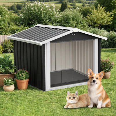 Niche Chien Extérieur Acier Anthracite 102x91x84 cm Rideau PVC