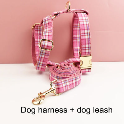 Ensemble Collier Harnais Laisse Carreaux Gravé Chien