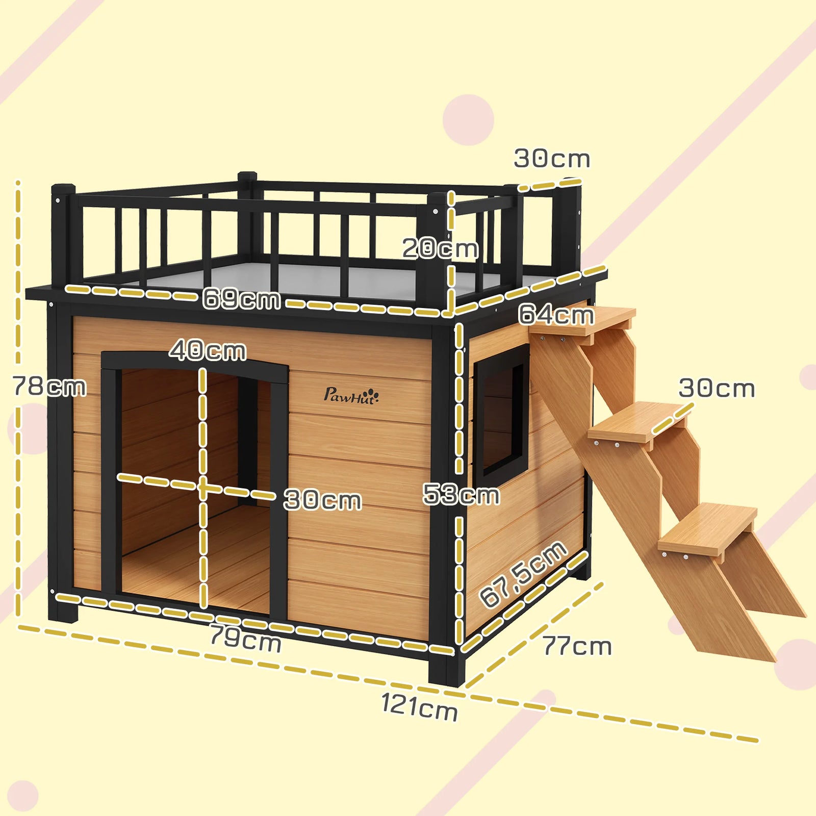 Niche Chien Bois PawHut Toit-Terrasse et Marches 121x77x78 cm