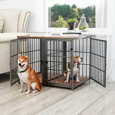Meuble Cage pour Chien 4 Portes avec Séparateur Amovible