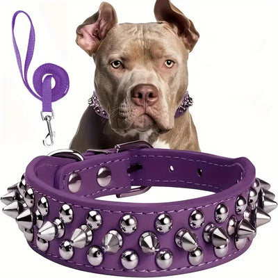 Collier Cuir Clouté Gros Chien Laisse