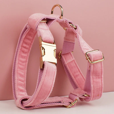 Collier et Laisse Velours Rose Harnais Assorti Chien