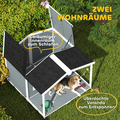 Niche Chien Bois Surélevée avec Terrasse Couverte 103x107 cm