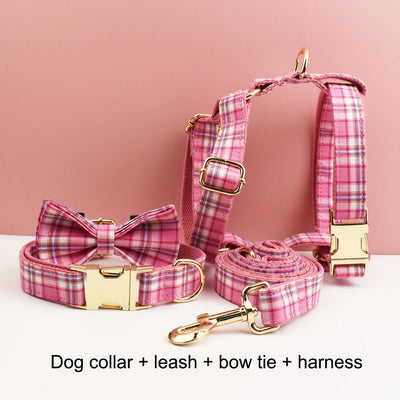 Ensemble Collier Harnais Laisse Carreaux Gravé Chien