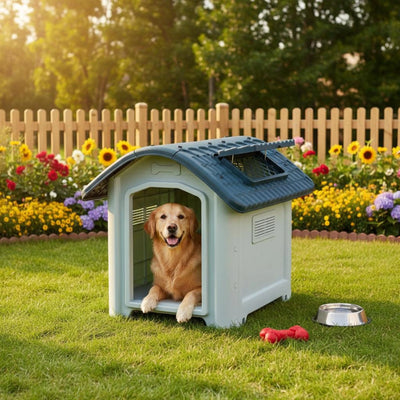 Niche Chien en Plastique Extérieur Toit Bleu Ventilée