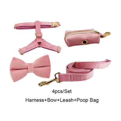 Collier et Laisse Velours Rose Harnais Assorti Chien