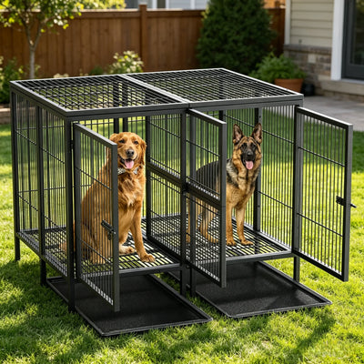 Cage Chien Métal Renforcée 2 Compartiments Double Porte Noire