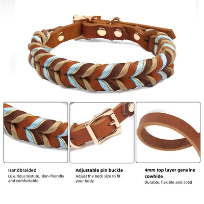 Collier Cuir Véritable Tressé Bleu Ciel Chien Moyen Grand