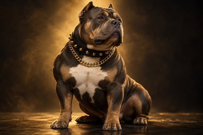 American Bully avec un collier en cuir clouté et une chaîne dorée