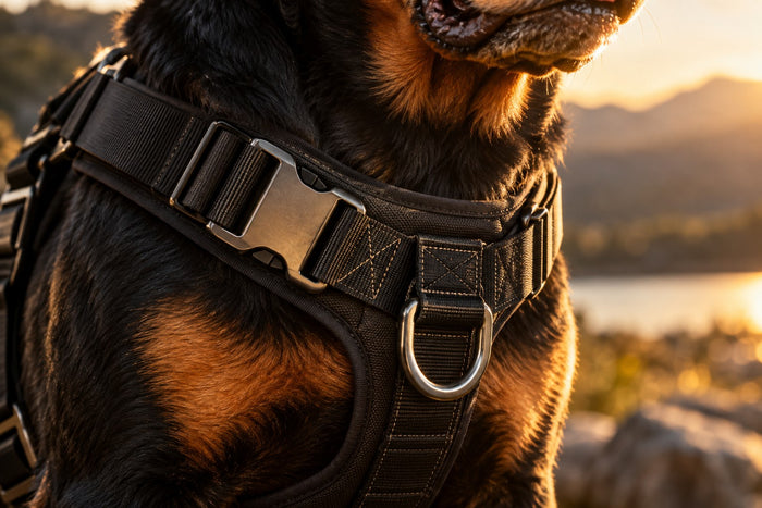 Boucle en métal et coutures doublées d’un harnais pour gros chien porté par un Rottweiler
